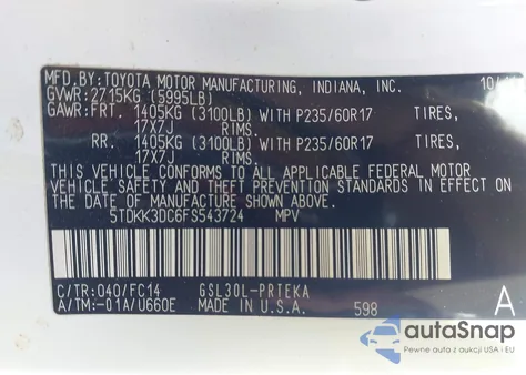 2015 Toyota Sienna Le 8 Passenger z USA, uszkodzony, nr VIN 5TDKK3DC6FS543724